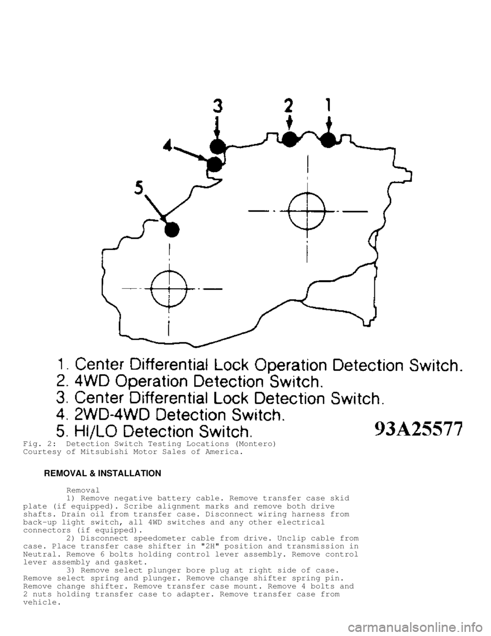 MITSUBISHI MONTERO 1991  Service Manual Fig. 2:  Detection Switch Testing Locations (Montero)
Courtesy of Mitsubishi Motor Sales of America.
         REMOVAL & INSTALLATION
          Removal
         1) Remove negative battery cable. Remove