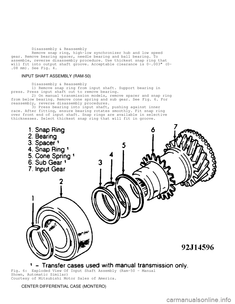 MITSUBISHI MONTERO 1991  Service Manual          Disassembly & Reassembly
         Remove snap ring, high-low synchronizer hub and low speed
gear. Remove bearing spacer, needle bearing and ball bearing. To
assemble, reverse disassembly proc