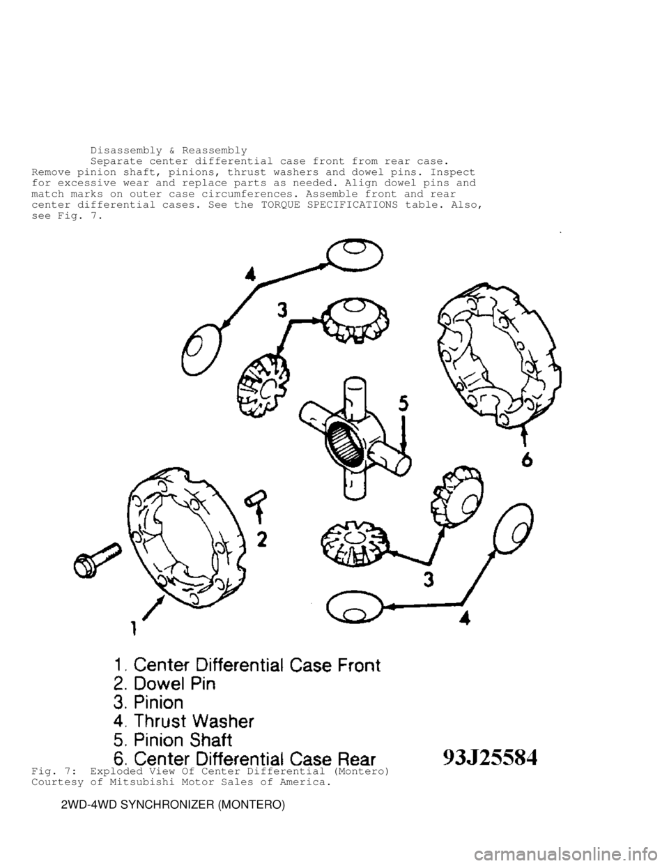 MITSUBISHI MONTERO 1991  Service Manual          Disassembly & Reassembly
         Separate center differential case front from rear case.
Remove pinion shaft, pinions, thrust washers and dowel pins. Inspect
for excessive wear and replace p