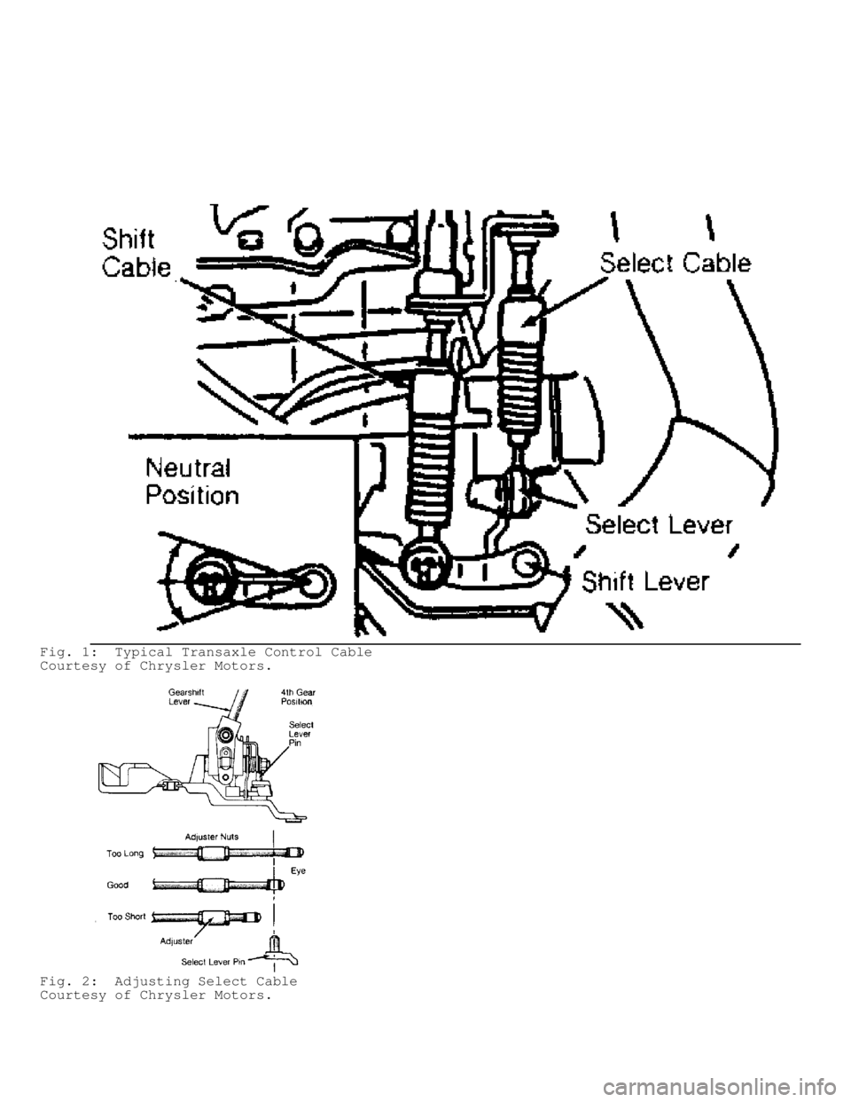 MITSUBISHI MONTERO 1991  Service Manual Fig. 1:  Typical Transaxle Control Cable
Courtesy of Chrysler Motors.
Fig. 2:  Adjusting Select Cable
Courtesy of Chrysler Motors.                             