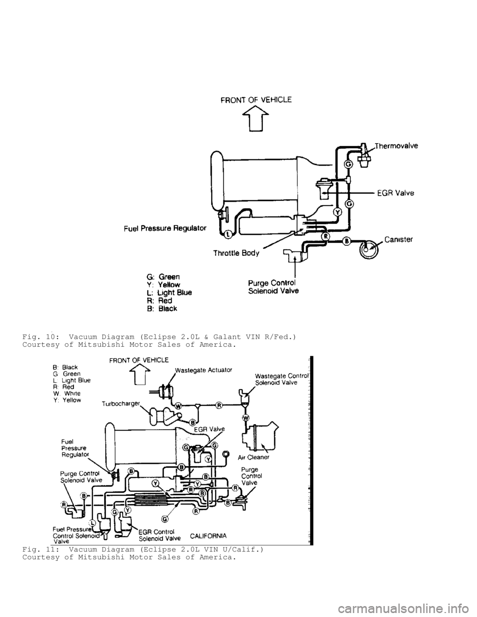 MITSUBISHI MONTERO 1991  Service Manual Fig. 10:  Vacuum Diagram (Eclipse 2.0L & Galant VIN R/Fed.)
Courtesy of Mitsubishi Motor Sales of America.
Fig. 11:  Vacuum Diagram (Eclipse 2.0L VIN U/Calif.)
Courtesy of Mitsubishi Motor Sales of Am