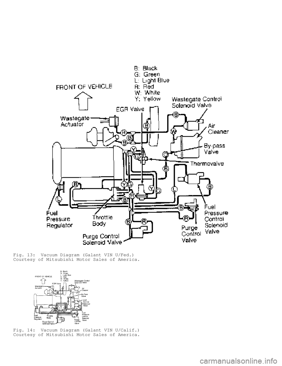 MITSUBISHI MONTERO 1991  Service Manual Fig. 13:  Vacuum Diagram (Galant VIN U/Fed.)
Courtesy of Mitsubishi Motor Sales of America.
Fig. 14:  Vacuum Diagram (Galant VIN U/Calif.)
Courtesy of Mitsubishi Motor Sales of America.               
