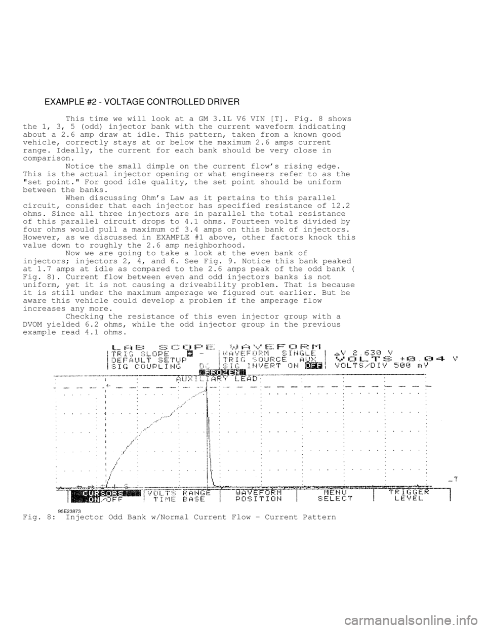 MITSUBISHI MONTERO 1991  Service Manual          EXAMPLE #2 - VOLTAGE CONTROLLED DRIVER
         This time we will look at a GM 3.1L V6 VIN [T].  Fig. 8 shows
the 1, 3, 5 (odd) injector bank with the current waveform indicating
about a 2.6 