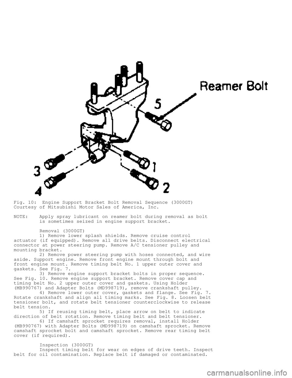 MITSUBISHI MONTERO 1991  Service Manual Fig. 10:  Engine Support Bracket Bolt Removal Sequence (3000GT)
Courtesy of Mitsubishi Motor Sales of America, Inc.
NOTE:    Apply spray lubricant on reamer bolt during removal as bolt
         is som