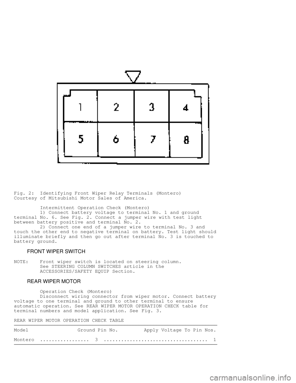 MITSUBISHI MONTERO 1991  Service Manual Fig. 2:  Identifying Front Wiper Relay Terminals (Montero)
Courtesy of Mitsubishi Motor Sales of America.
         Intermittent Operation Check (Montero)
         1) Connect battery voltage to termina