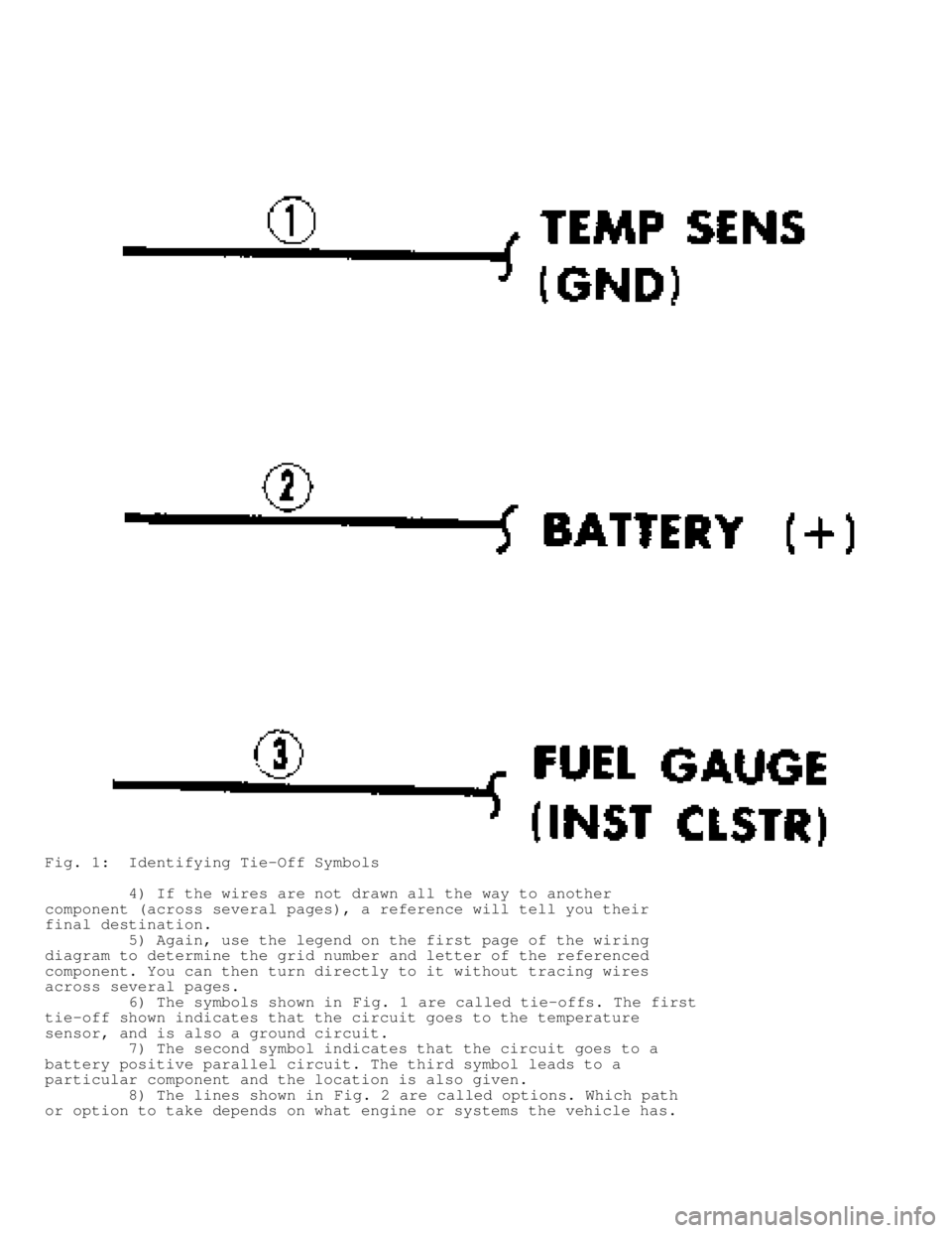 MITSUBISHI MONTERO 1991 Service Manual Fig. 1: Identifying Tie-Off Symbols
4) If the wires are not drawn all the way to another
component (across several pages), a reference will tell you their
final destination.
5) Agai MITSUBISHI MONTERO 1991 Service Manual Fig. 1: Identifying Tie-Off Symbols
4) If the wires are not drawn all the way to another
component (across several pages), a reference will tell you their
final destination.
5) Agai