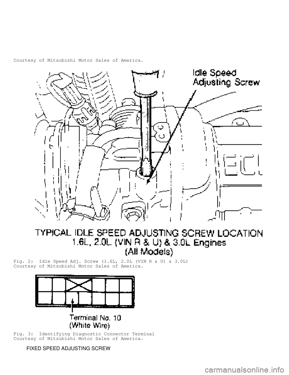 MITSUBISHI MONTERO 1991  Service Manual Courtesy of Mitsubishi Motor Sales of America.
Fig. 2:  Idle Speed Adj. Screw (1.6L, 2.0L (VIN R & U) & 3.0L)
Courtesy of Mitsubishi Motor Sales of America.
Fig. 3:  Identifying Diagnostic Connector T