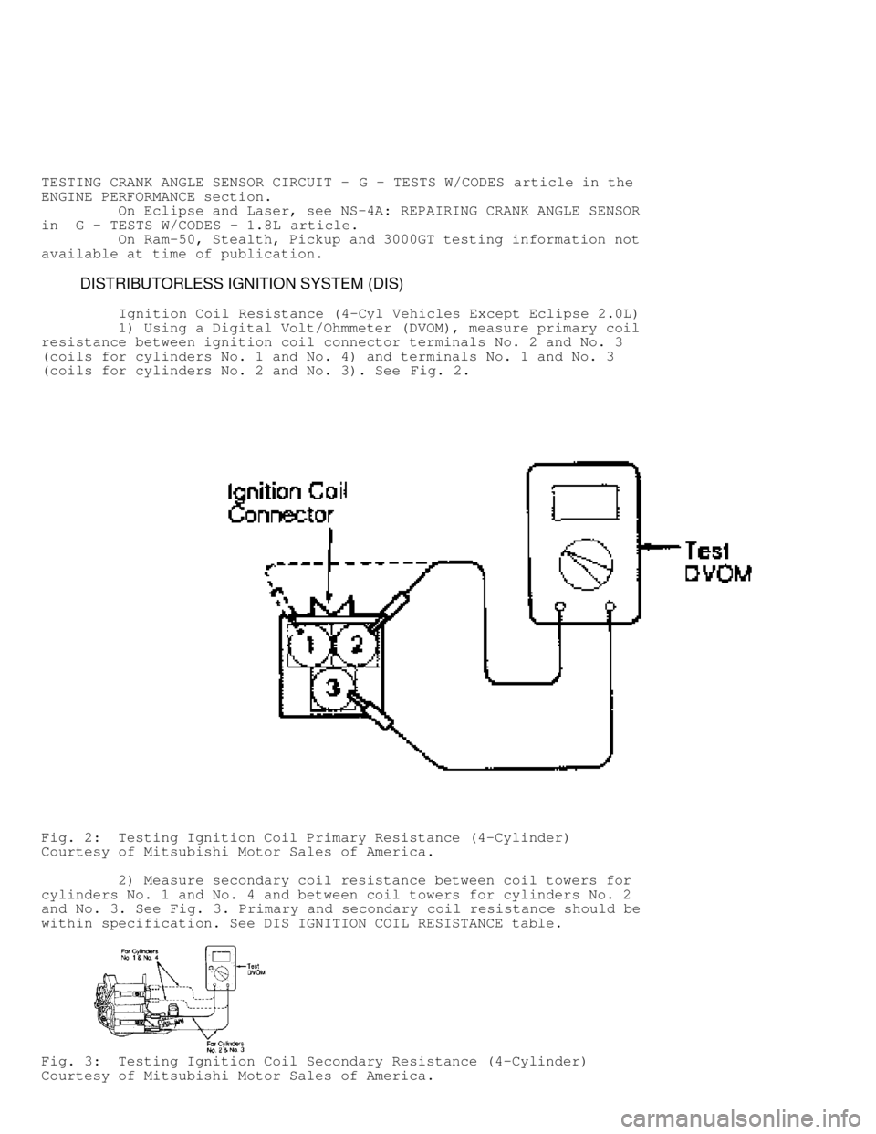 MITSUBISHI MONTERO 1991 Owners Manual TESTING CRANK ANGLE SENSOR CIRCUIT - G - TESTS W/CODES article in the
ENGINE PERFORMANCE section.
         On Eclipse and Laser, see NS-4A: REPAIRING CRANK ANGLE SENSOR
in   G - TESTS W/CODES - 1.8L  