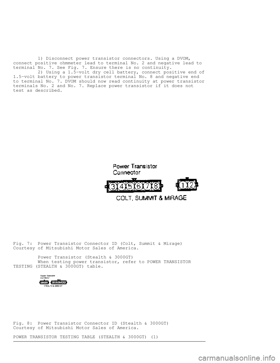 MITSUBISHI MONTERO 1991  Service Manual          1) Disconnect power transistor connectors. Using a DVOM,
connect positive ohmmeter lead to terminal No. 2 and negative lead to
terminal No. 7. See Fig. 7. Ensure there is no continuity.
     