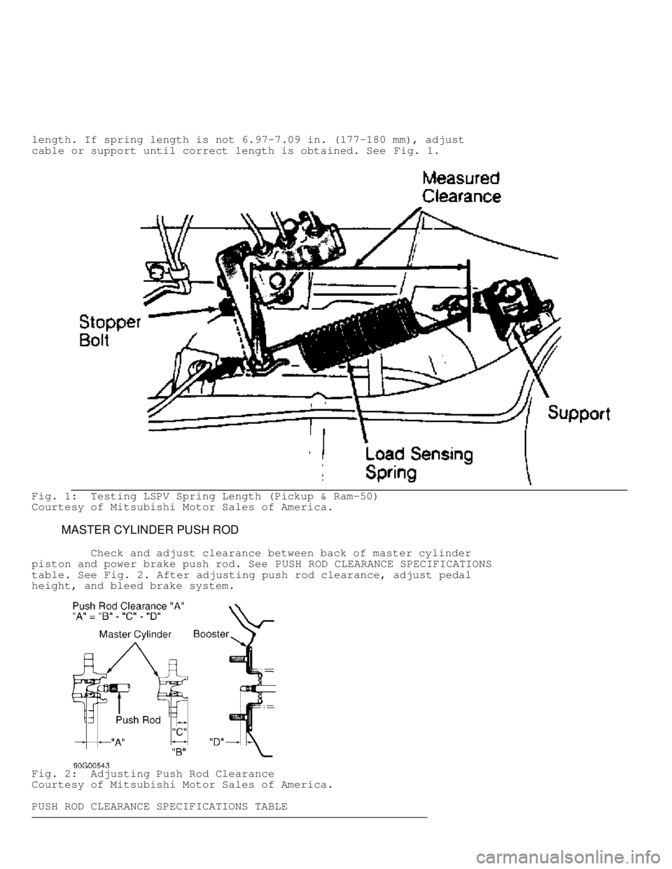 MITSUBISHI MONTERO 1991  Service Manual length. If spring length is not 6.97-7.09 in. (177-180 mm), adjust
cable or support until correct length is obtained. See Fig. 1.
Fig. 1:  Testing LSPV Spring Length (Pickup & Ram-50)
Courtesy of Mits
