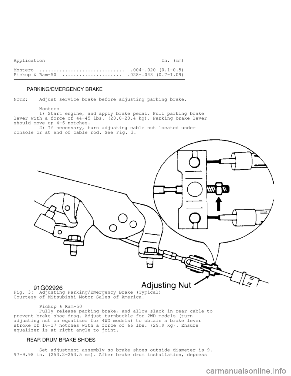 MITSUBISHI MONTERO 1991  Service Manual Application                                         In. (mm)
Montero  ..............................  .004-.020 (0.1-0.5)
Pickup & Ram-50  .....................  .028-.043 (0.7-1.09)
���������