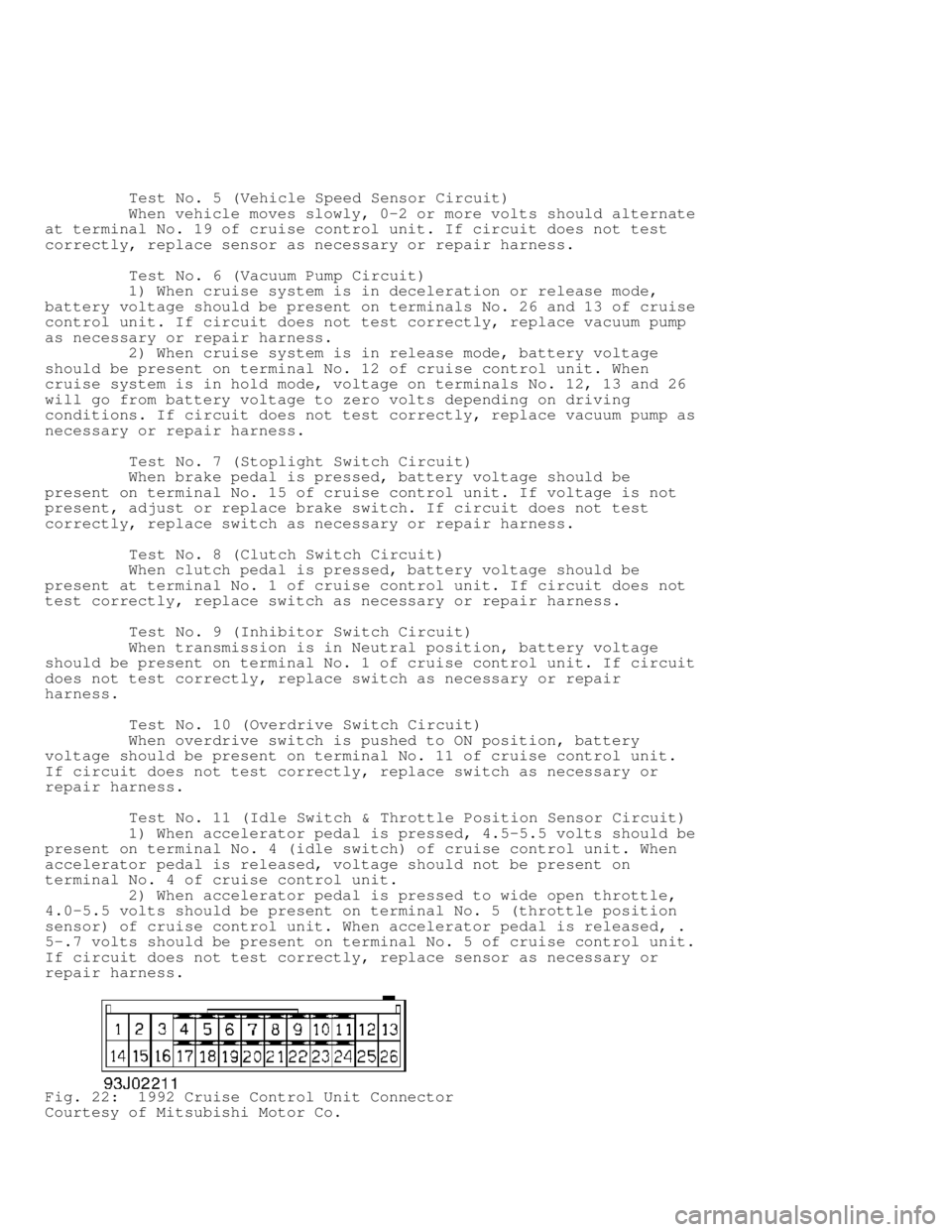 MITSUBISHI MONTERO 1991 Owners Guide          Test No. 5 (Vehicle Speed Sensor Circuit)
         When vehicle moves slowly, 0-2 or more volts should alternate
at terminal No. 19 of cruise control unit. If circuit does not test
correctly,
