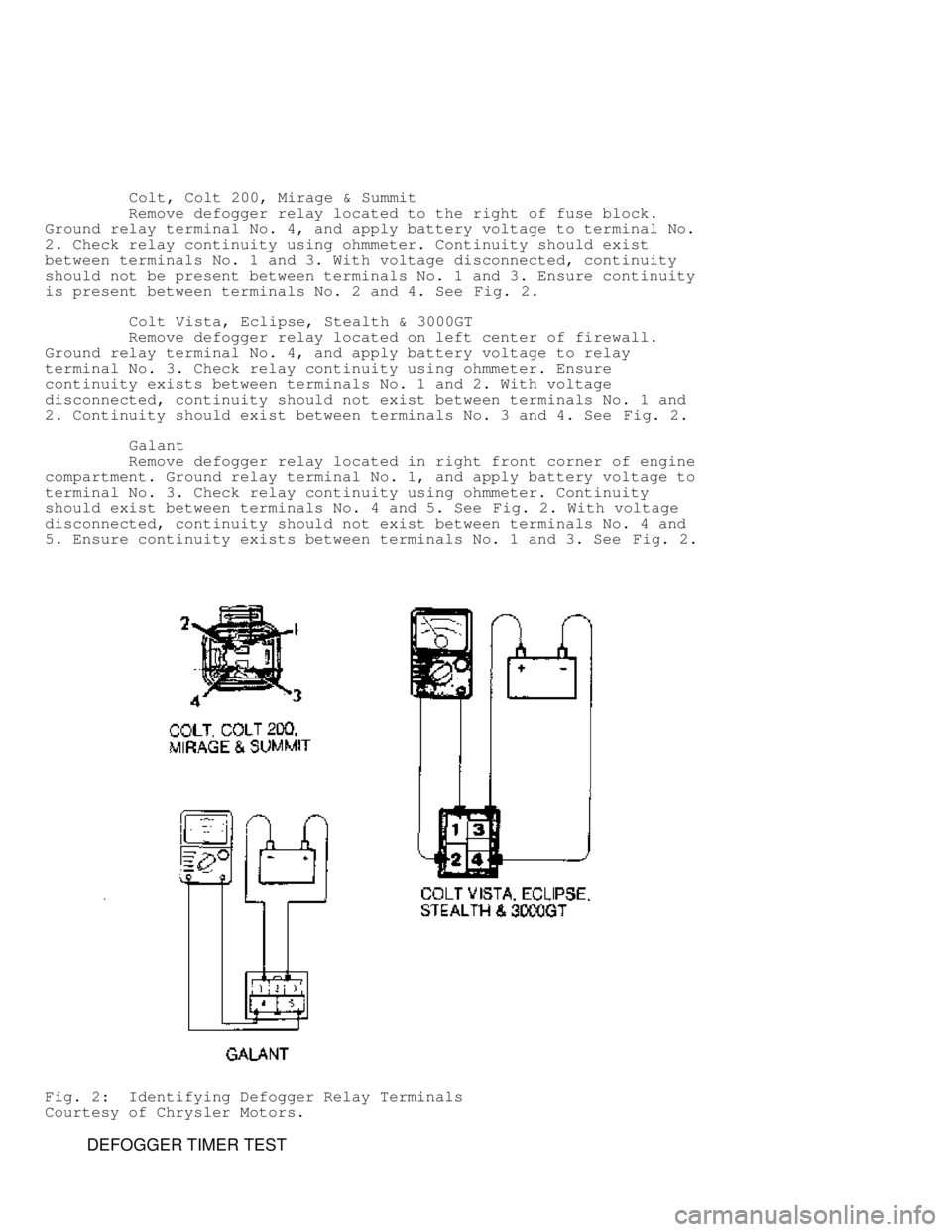 MITSUBISHI MONTERO 1991  Service Manual          Colt, Colt 200, Mirage & Summit
         Remove defogger relay located to the right of fuse block.
Ground relay terminal No. 4, and apply battery voltage to terminal No.
2. Check relay contin