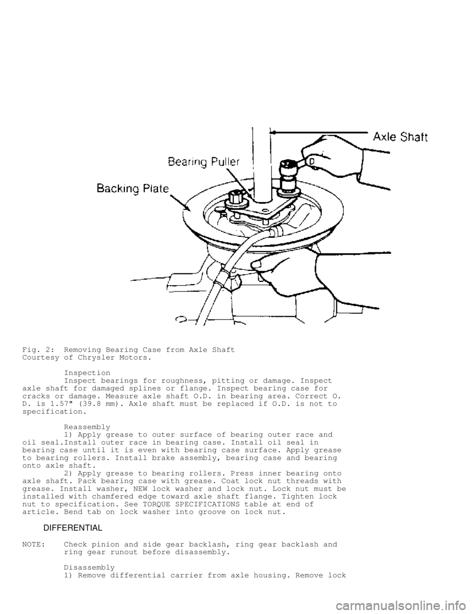 MITSUBISHI MONTERO 1991  Service Manual Fig. 2:  Removing Bearing Case from Axle Shaft
Courtesy of Chrysler Motors.
         Inspection
         Inspect bearings for roughness, pitting or damage. Inspect
axle shaft for damaged splines or fl