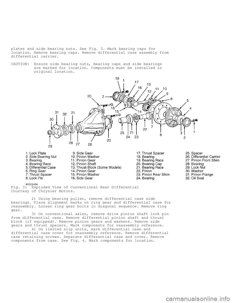 MITSUBISHI MONTERO 1991  Service Manual plates and side bearing nuts. See Fig. 3. Mark bearing caps for
location. Remove bearing caps. Remove differential case assembly from
differential carrier.
CAUTION:   Ensure side bearing nuts, bearing