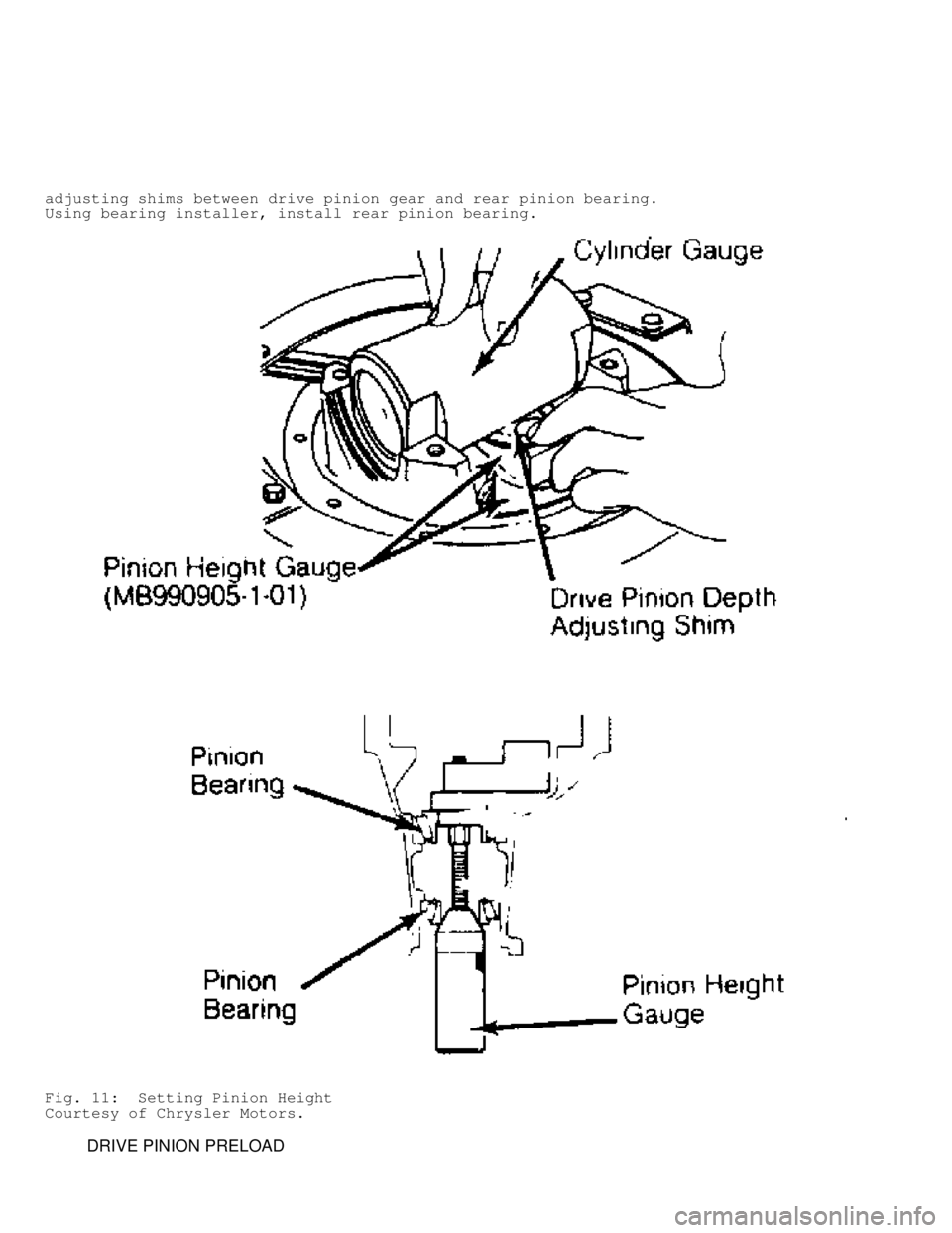MITSUBISHI MONTERO 1991  Service Manual adjusting shims between drive pinion gear and rear pinion bearing.
Using bearing installer, install rear pinion bearing.
Fig. 11:  Setting Pinion Height
Courtesy of Chrysler Motors.
         DRIVE PIN