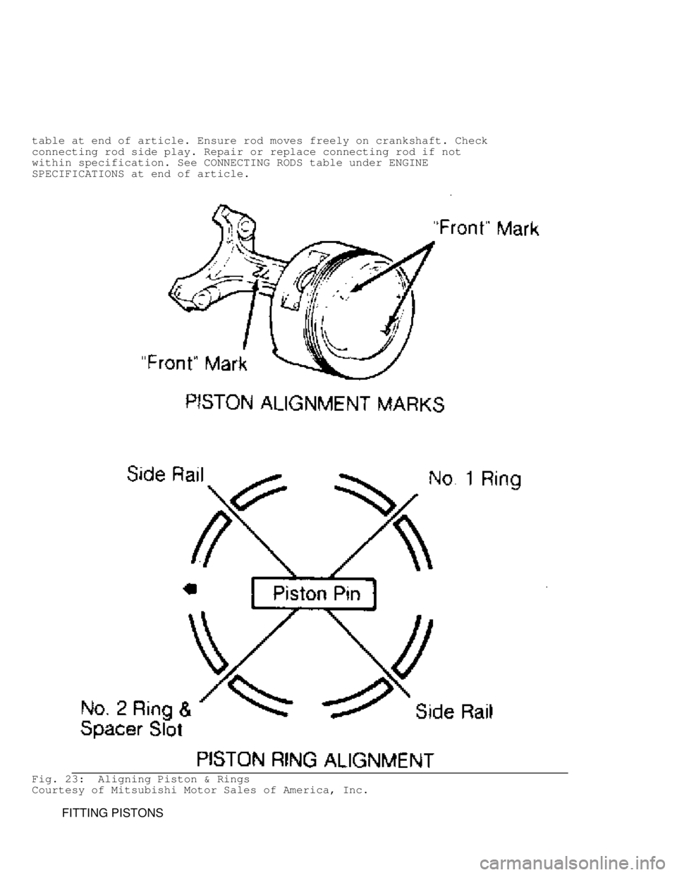 MITSUBISHI MONTERO 1991  Service Manual table at end of article. Ensure rod moves freely on crankshaft. Check
connecting rod side play. Repair or replace connecting rod if not
within specification. See CONNECTING RODS table under ENGINE
SPE