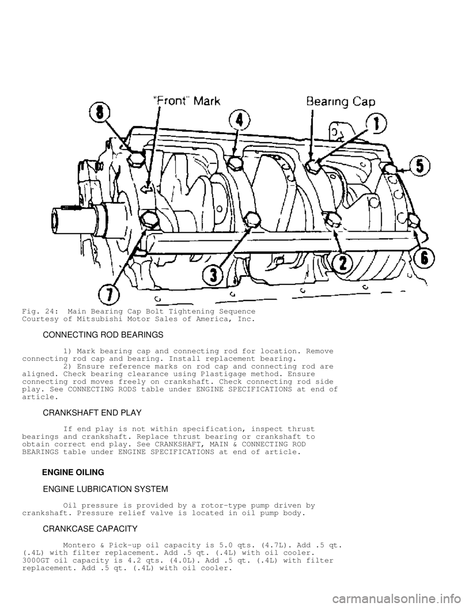 MITSUBISHI MONTERO 1991  Service Manual Fig. 24:  Main Bearing Cap Bolt Tightening Sequence
Courtesy of Mitsubishi Motor Sales of America, Inc.
         CONNECTING ROD BEARINGS
         1) Mark bearing cap and connecting rod for location. R