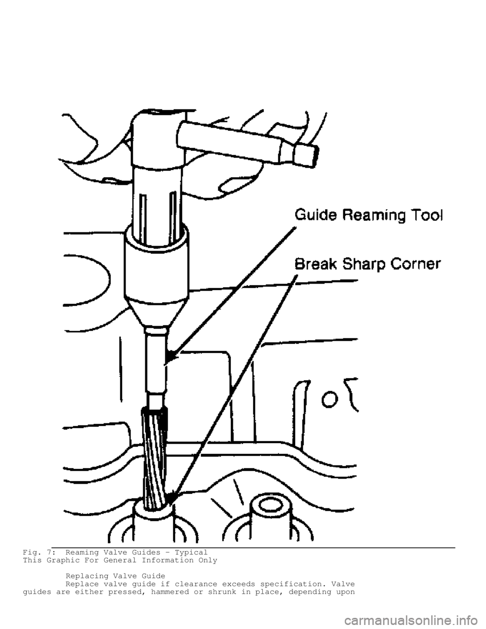 MITSUBISHI MONTERO 1991 Service Manual Fig. 7: Reaming Valve Guides - Typical
This Graphic For General Information Only
Replacing Valve Guide
Replace valve guide if clearance exceeds specification. Valve
guides are eithe MITSUBISHI MONTERO 1991 Service Manual Fig. 7: Reaming Valve Guides - Typical
This Graphic For General Information Only
Replacing Valve Guide
Replace valve guide if clearance exceeds specification. Valve
guides are eithe