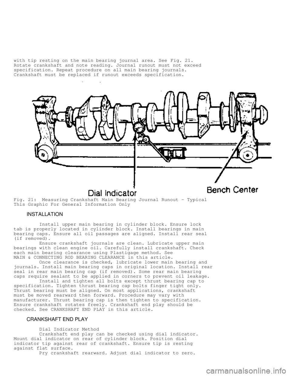 MITSUBISHI MONTERO 1991 Repair Manual with tip resting on the main bearing journal area. See Fig. 21.
Rotate crankshaft and note reading. Journal runout must not exceed
specification. Repeat procedure on all main bearing journals.
Cranksh MITSUBISHI MONTERO 1991 Repair Manual with tip resting on the main bearing journal area. See Fig. 21.
Rotate crankshaft and note reading. Journal runout must not exceed
specification. Repeat procedure on all main bearing journals.
Cranksh