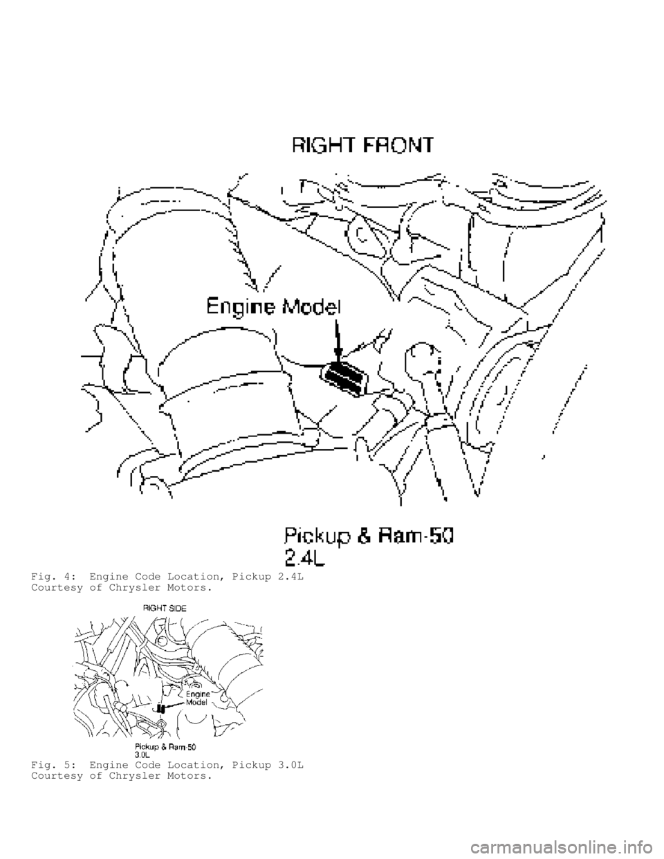 MITSUBISHI MONTERO 1991  Service Manual Fig. 4:  Engine Code Location, Pickup 2.4L
Courtesy of Chrysler Motors.
Fig. 5:  Engine Code Location, Pickup 3.0L
Courtesy of Chrysler Motors.                                  