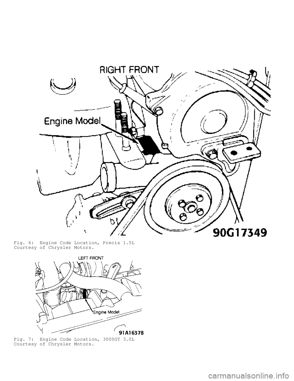 MITSUBISHI MONTERO 1991  Service Manual Fig. 6:  Engine Code Location, Precis 1.5L
Courtesy of Chrysler Motors.
Fig. 7:  Engine Code Location, 3000GT 3.0L
Courtesy of Chrysler Motors.                                  