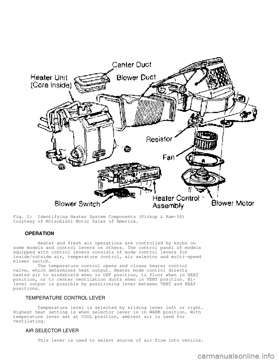 MITSUBISHI MONTERO 1991  Service Manual Fig. 2:  Identifying Heater System Components (Pickup & Ram-50)
Courtesy of Mitsubishi Motor Sales of America.
         OPERATION
         Heater and fresh air operations are controlled by knobs on
so