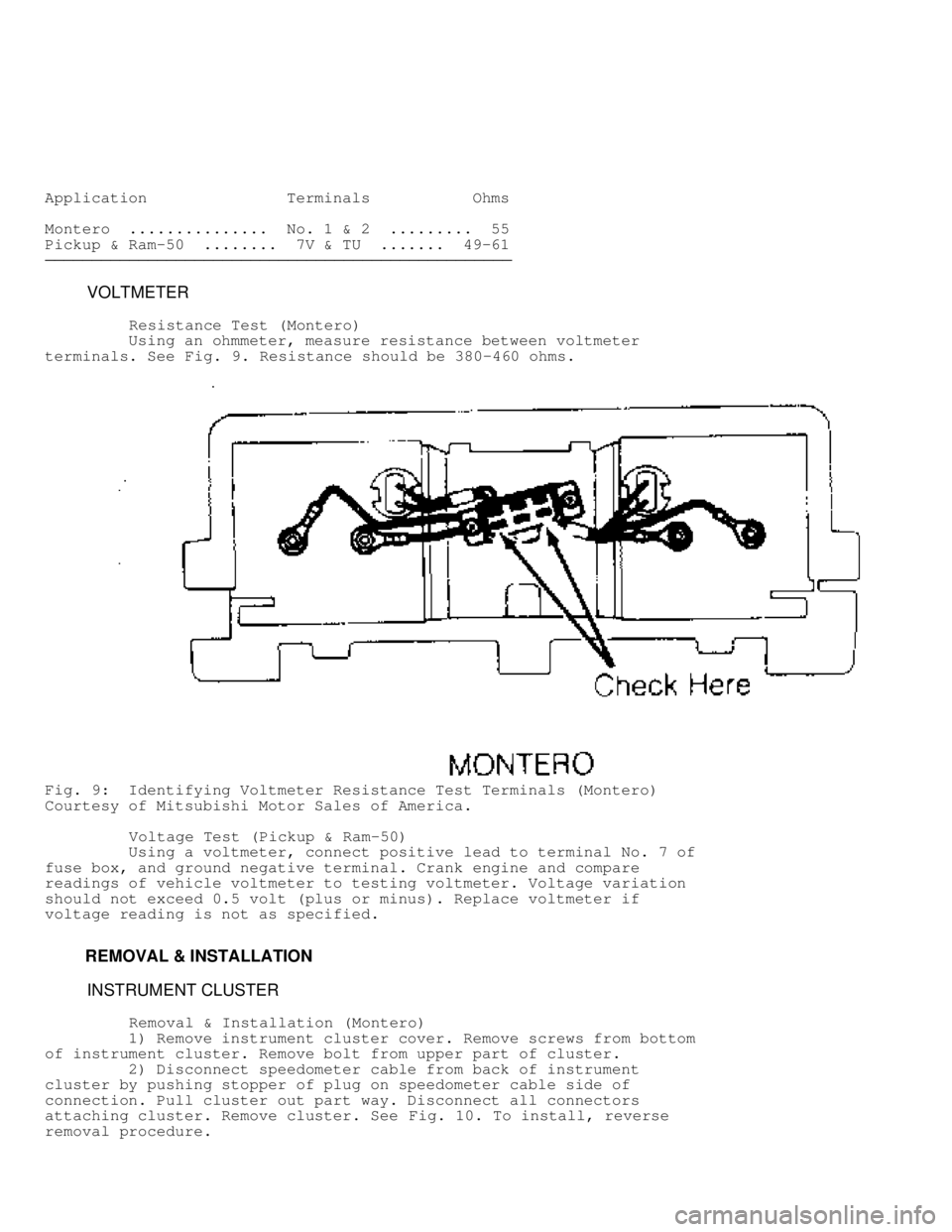 MITSUBISHI MONTERO 1991  Service Manual Application               Terminals           Ohms
Montero  ...............  No. 1 & 2  .........  55
Pickup & Ram-50  ........  7V & TU  .......  49-61
���������\
���������\
����
