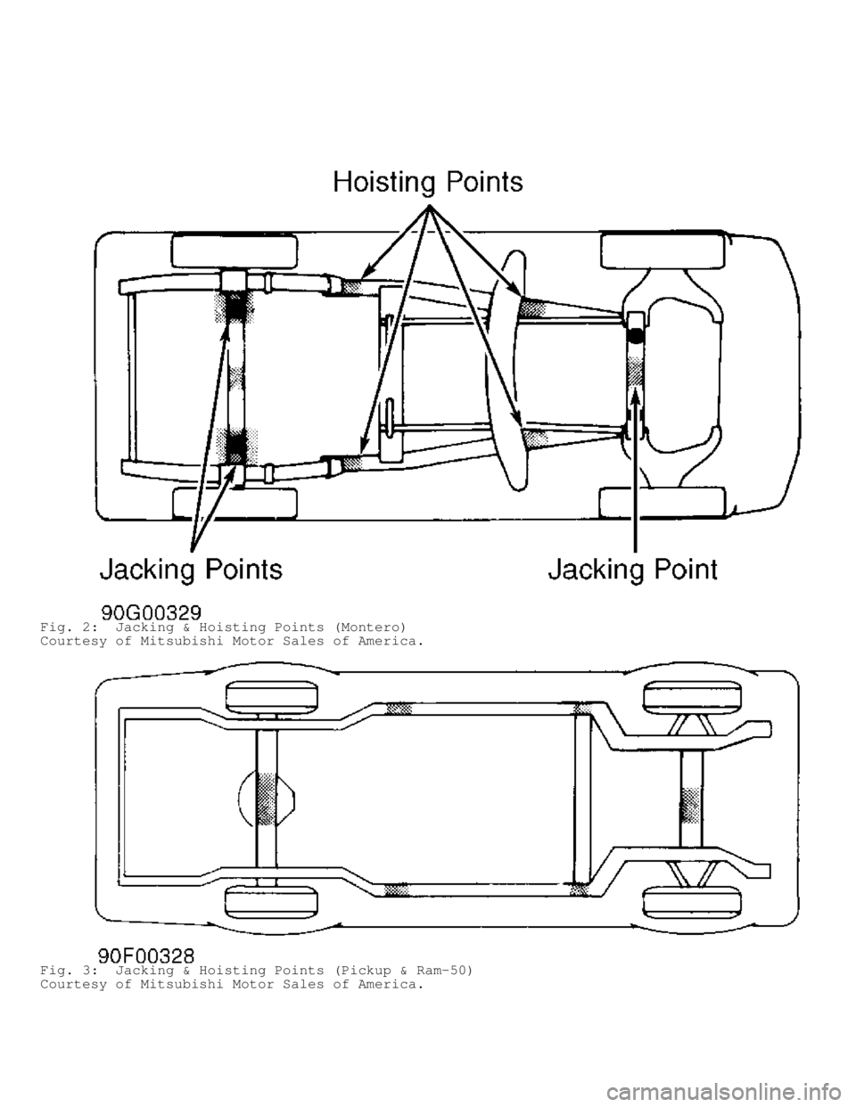 MITSUBISHI MONTERO 1991  Service Manual Fig. 2:  Jacking & Hoisting Points (Montero)
Courtesy of Mitsubishi Motor Sales of America.
Fig. 3:  Jacking & Hoisting Points (Pickup & Ram-50)
Courtesy of Mitsubishi Motor Sales of America.         