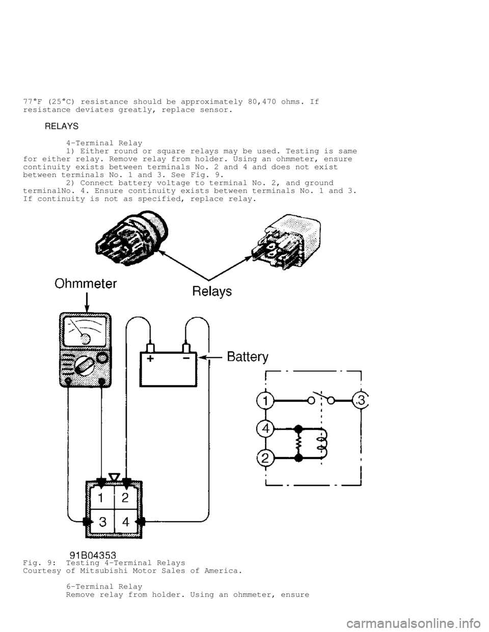 MITSUBISHI MONTERO 1991  Service Manual 77F (25C) resistance should be approximately 80,470 ohms. If
resistance deviates greatly, replace sensor.
          RELAYS
         4-Terminal Relay
         1) Either round or square relays may be 