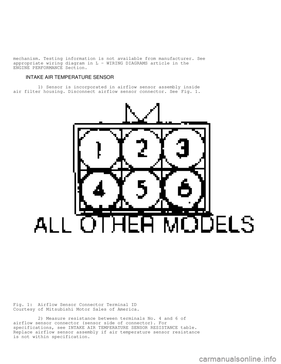 MITSUBISHI MONTERO 1991  Service Manual mechanism. Testing information is not available from manufacturer. See
appropriate wiring diagram in L - WIRING DIAGRAMS article in the
ENGINE PERFORMANCE Section.
         INTAKE AIR TEMPERATURE SENS