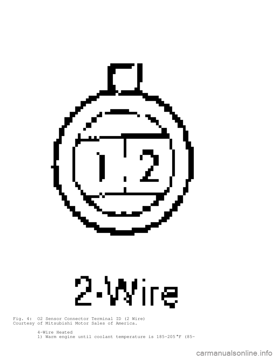 MITSUBISHI MONTERO 1991  Service Manual Fig. 4:  O2 Sensor Connector Terminal ID (2 Wire)
Courtesy of Mitsubishi Motor Sales of America.
         4-Wire Heated
         1) Warm engine until coolant temperature is 185-205
F (85-            