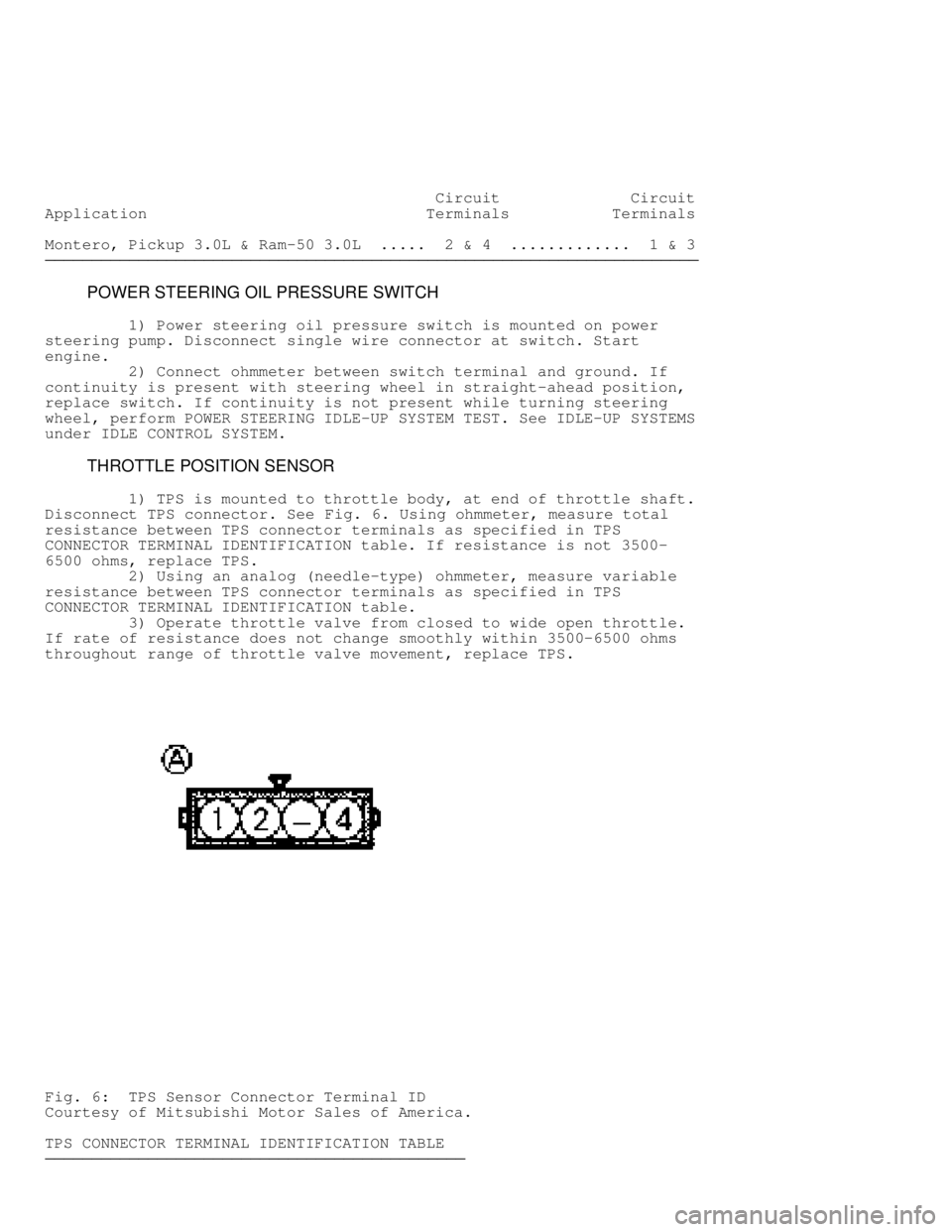 MITSUBISHI MONTERO 1991  Service Manual                                           Circuit              Circuit
Application                              Terminals           Terminals
Montero, Pickup 3.0L & Ram-50 3.0L  .....  2 & 4  ........