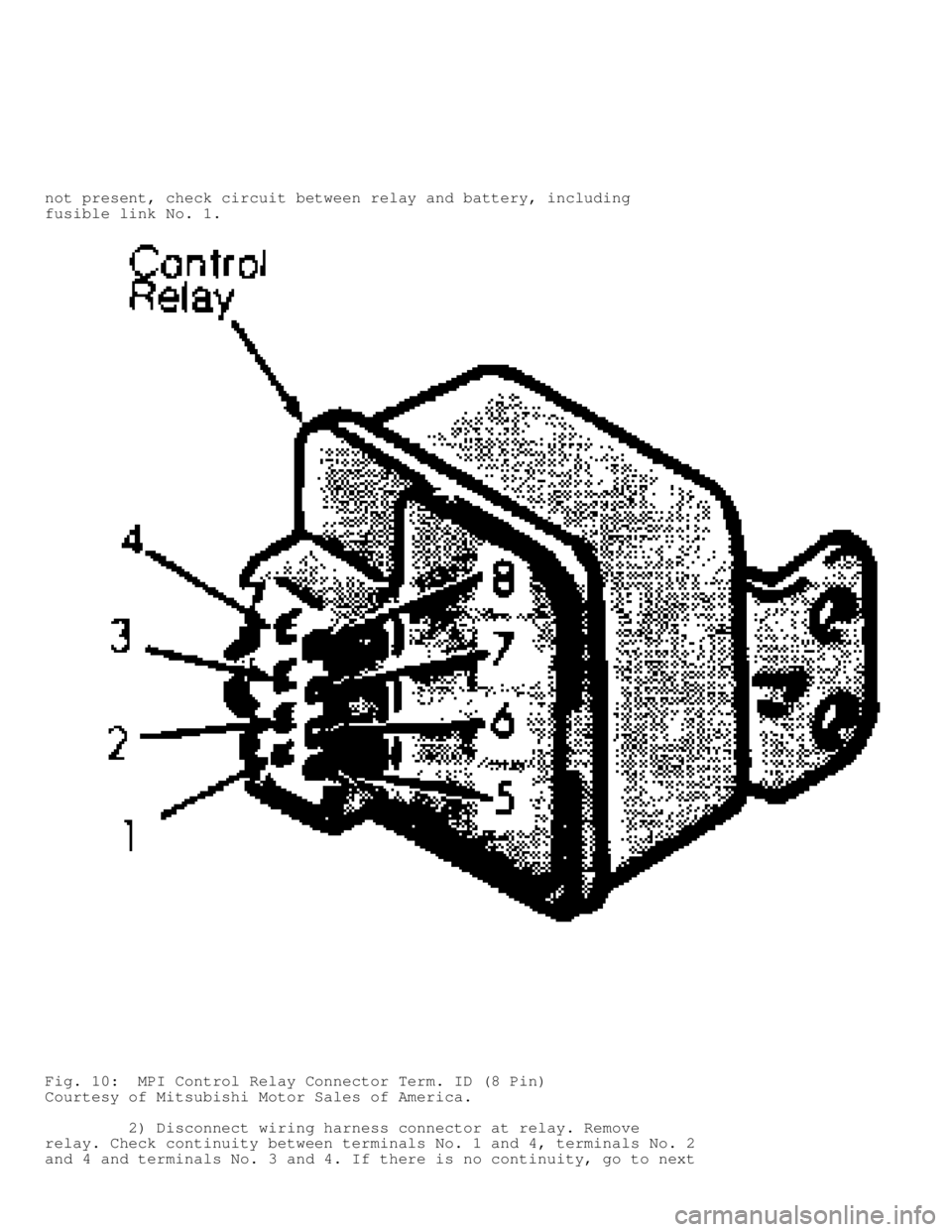 MITSUBISHI MONTERO 1991  Service Manual not present, check circuit between relay and battery, including
fusible link No. 1.
Fig. 10:  MPI Control Relay Connector Term. ID (8 Pin)
Courtesy of Mitsubishi Motor Sales of America.
         2) Di
