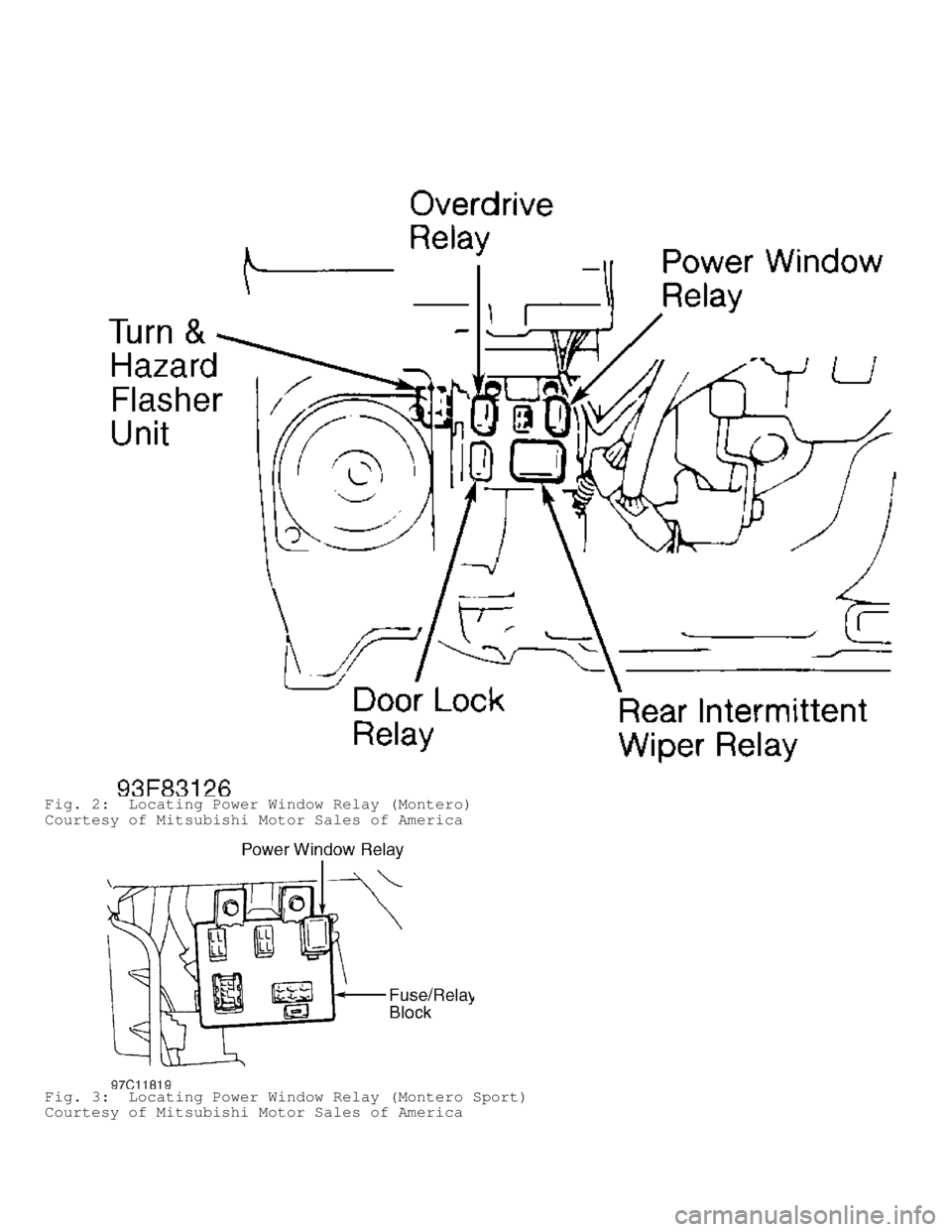 MITSUBISHI MONTERO 1998 Owners Manual Fig. 2: Locating Power Window Relay (Montero)
Courtesy of Mitsubishi Motor Sales of America
Fig. 3: Locating Power Window Relay (Montero Sport)
Courtesy of Mitsubishi Motor Sales of America MITSUBISHI MONTERO 1998 Owners Manual Fig. 2: Locating Power Window Relay (Montero)
Courtesy of Mitsubishi Motor Sales of America
Fig. 3: Locating Power Window Relay (Montero Sport)
Courtesy of Mitsubishi Motor Sales of America