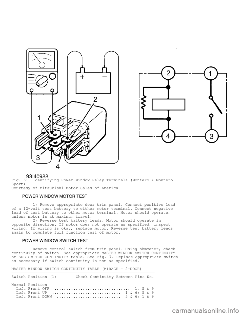 MITSUBISHI MONTERO 1998 Owners Manual Fig. 6: Identifying Power Window Relay Terminals (Montero & Montero
Sport)
Courtesy of Mitsubishi Motor Sales of America
POWER WINDOW MOTOR TEST
1) Remove appropriate door trim pane MITSUBISHI MONTERO 1998 Owners Manual Fig. 6: Identifying Power Window Relay Terminals (Montero & Montero
Sport)
Courtesy of Mitsubishi Motor Sales of America
POWER WINDOW MOTOR TEST
1) Remove appropriate door trim pane