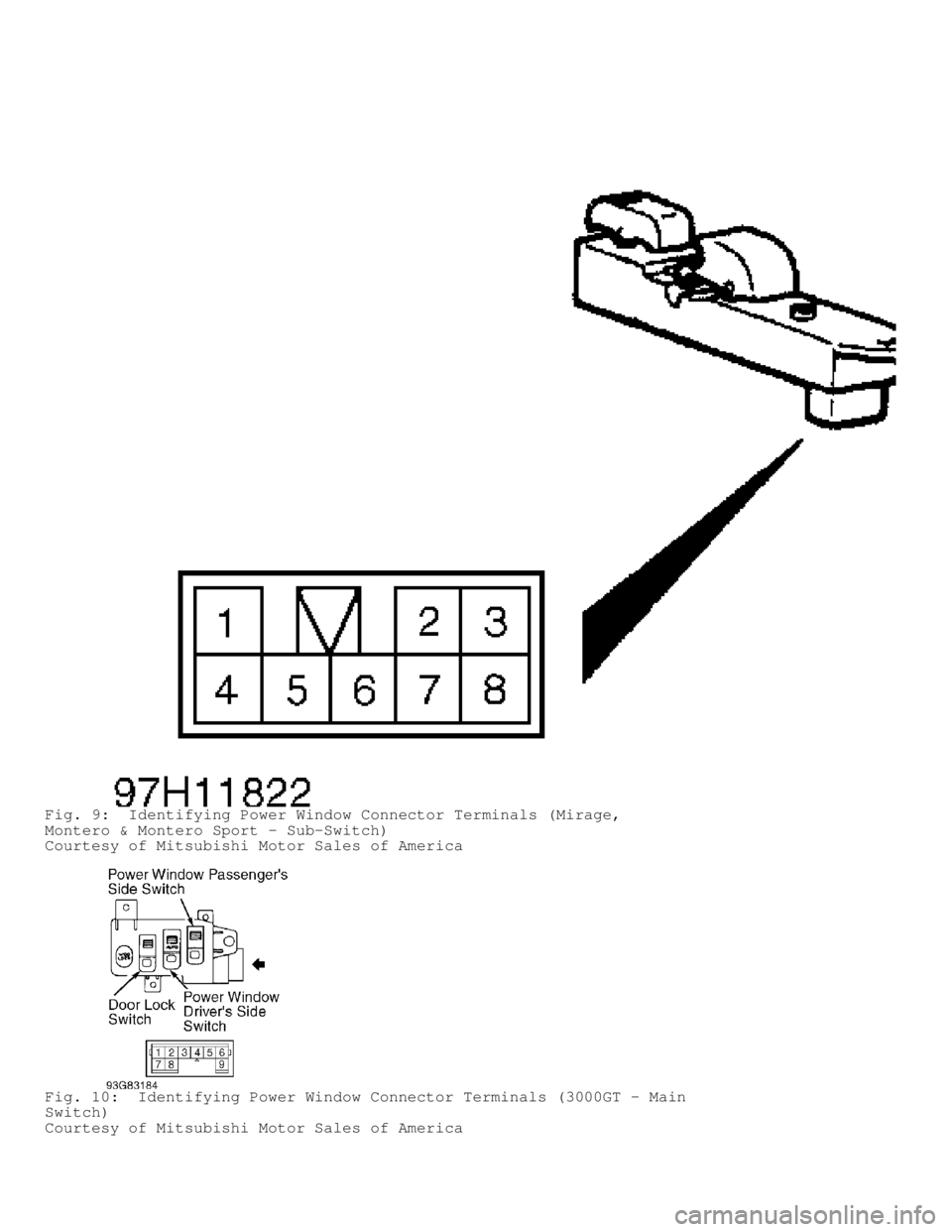MITSUBISHI MONTERO 1998  Service Manual Fig. 9:  Identifying Power Window Connector Terminals (Mirage,
Montero & Montero Sport - Sub-Switch)
Courtesy of Mitsubishi Motor Sales of America
Fig. 10:  Identifying Power Window Connector Terminal