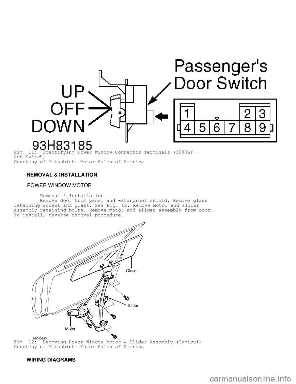 MITSUBISHI MONTERO 1998  Service Manual Fig. 11:  Identifying Power Window Connector Terminals (3000GT -
Sub-Switch)
Courtesy of Mitsubishi Motor Sales of America
         REMOVAL & INSTALLATION
          POWER WINDOW MOTOR
          Remova