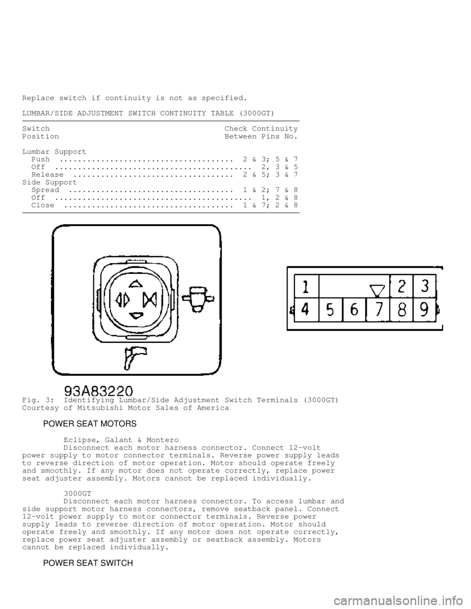 MITSUBISHI MONTERO 1998  Service Manual Replace switch if continuity is not as specified.
LUMBAR/SIDE ADJUSTMENT SWITCH CONTINUITY TABLE (3000GT)
���������\
���������\
���������\
���������\
�������