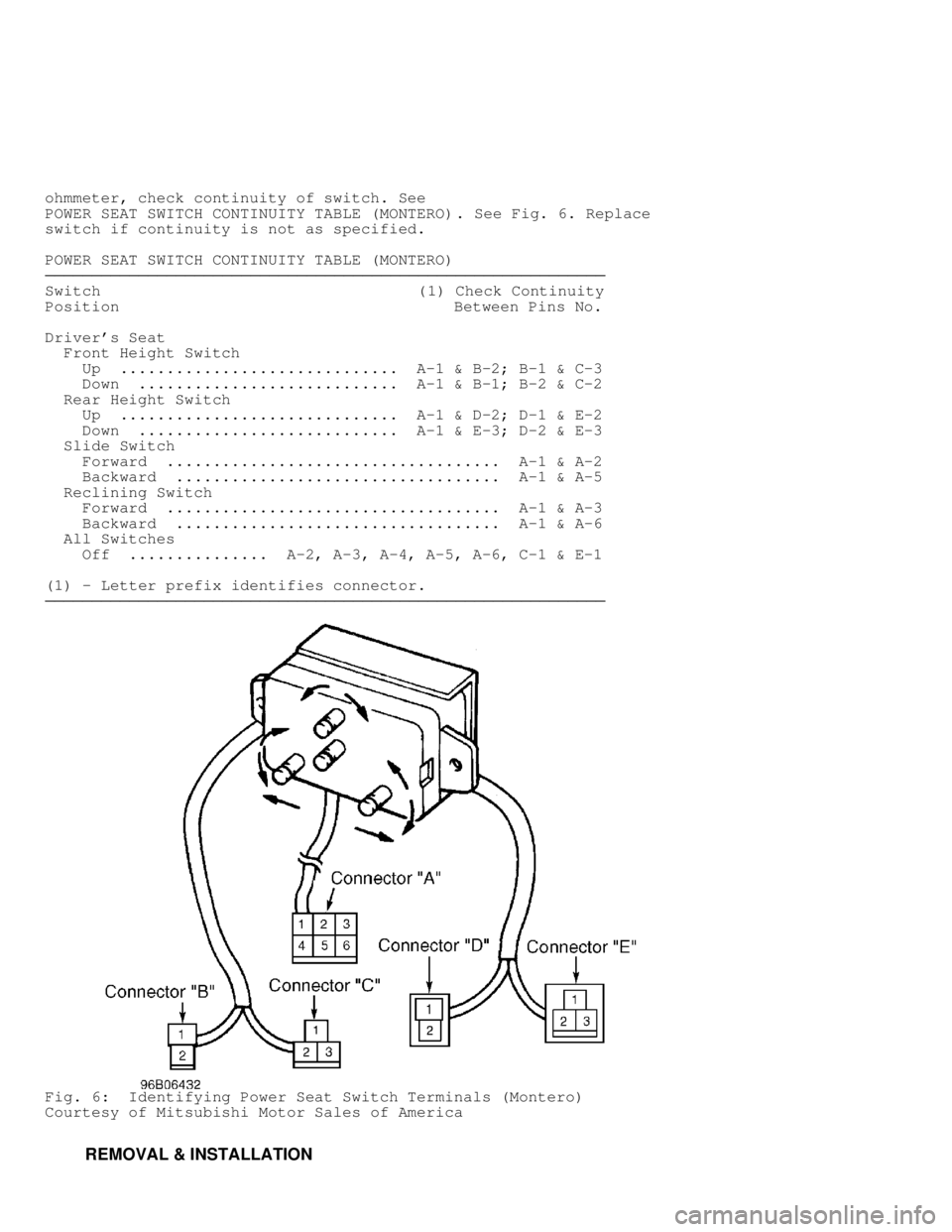 MITSUBISHI MONTERO 1998  Service Manual ohmmeter, check continuity of switch. See
POWER SEAT SWITCH CONTINUITY TABLE (MONTERO). See Fig. 6. Replace
switch if continuity is not as specified.
POWER SEAT SWITCH CONTINUITY TABLE (MONTERO)
���