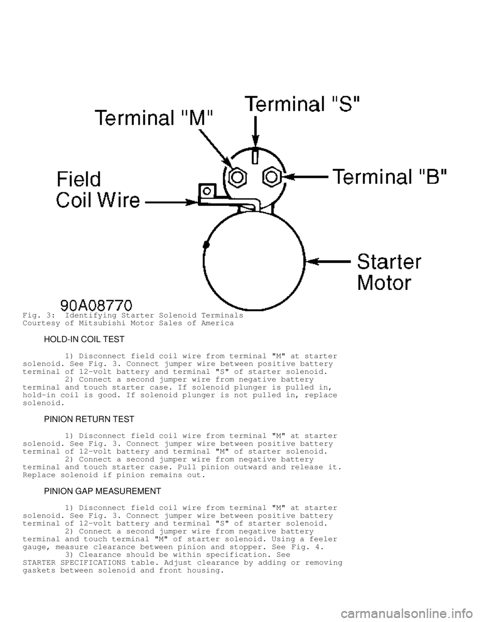 MITSUBISHI MONTERO 1998 User Guide Fig. 3: Identifying Starter Solenoid Terminals
Courtesy of Mitsubishi Motor Sales of America
HOLD-IN COIL TEST
1) Disconnect field coil wire from terminal "M" at starter
solenoid. S MITSUBISHI MONTERO 1998 User Guide Fig. 3: Identifying Starter Solenoid Terminals
Courtesy of Mitsubishi Motor Sales of America
HOLD-IN COIL TEST
1) Disconnect field coil wire from terminal "M" at starter
solenoid. S