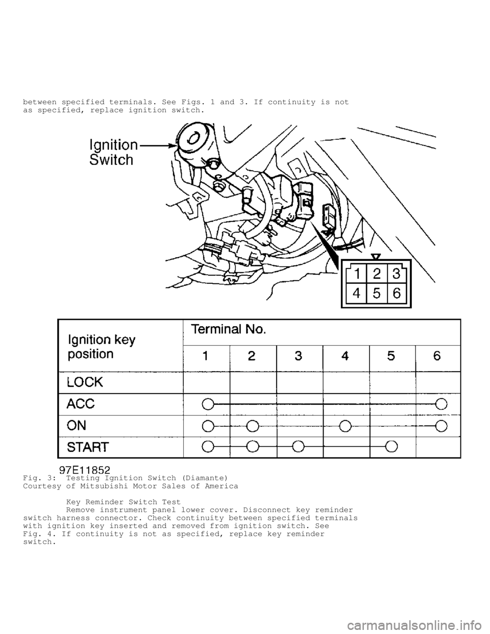 MITSUBISHI MONTERO 1998 Owners Manual between specified terminals. See Figs. 1 and 3. If continuity is not
as specified, replace ignition switch.
Fig. 3: Testing Ignition Switch (Diamante)
Courtesy of Mitsubishi Motor Sales of America
MITSUBISHI MONTERO 1998 Owners Manual between specified terminals. See Figs. 1 and 3. If continuity is not
as specified, replace ignition switch.
Fig. 3: Testing Ignition Switch (Diamante)
Courtesy of Mitsubishi Motor Sales of America