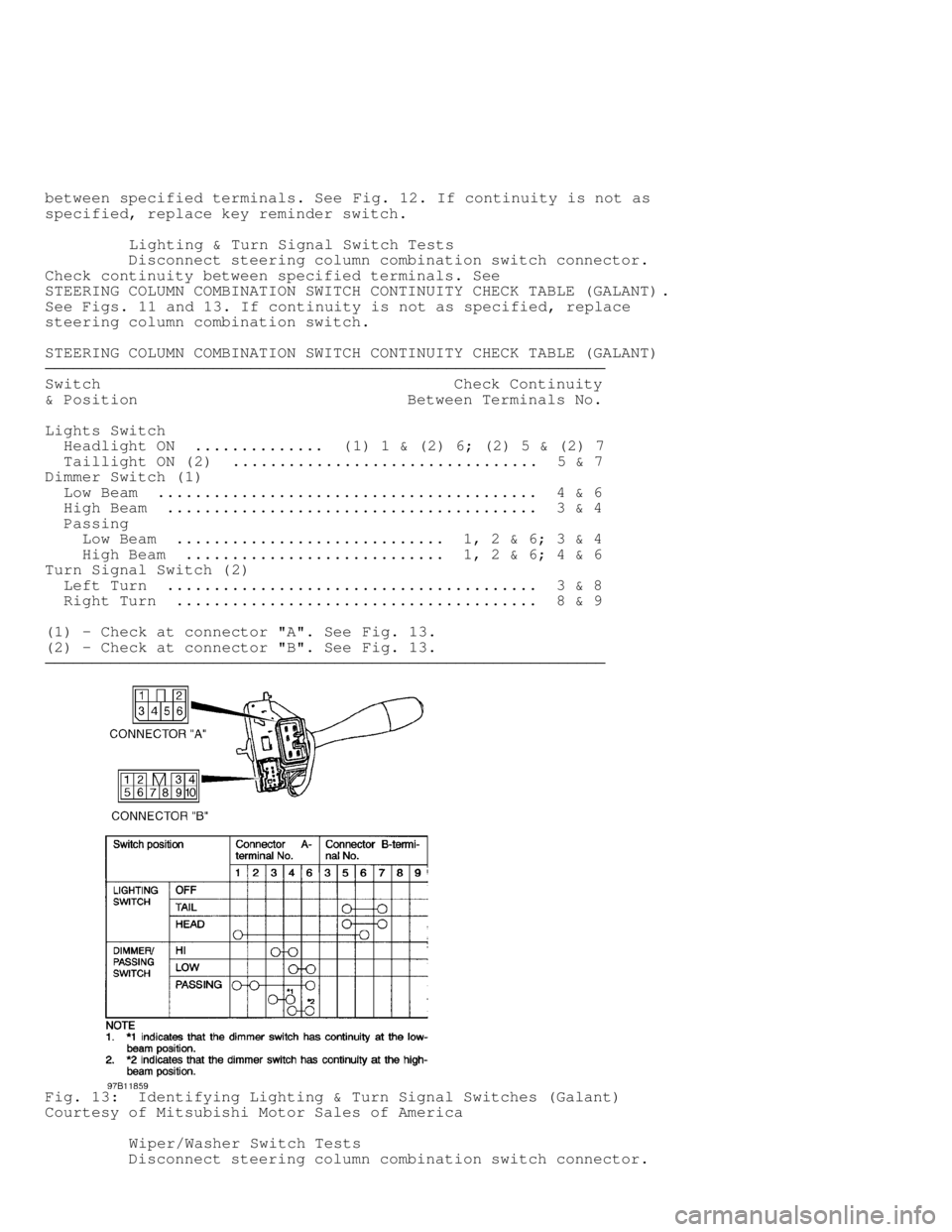 MITSUBISHI MONTERO 1998 Owners Guide between specified terminals. See Fig. 12. If continuity is not as
specified, replace key reminder switch.
Lighting & Turn Signal Switch Tests
Disconnect steering column combination MITSUBISHI MONTERO 1998 Owners Guide between specified terminals. See Fig. 12. If continuity is not as
specified, replace key reminder switch.
Lighting & Turn Signal Switch Tests
Disconnect steering column combination