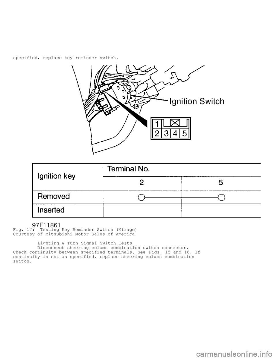 MITSUBISHI MONTERO 1998 Owners Guide specified, replace key reminder switch.
Fig. 17:  Testing Key Reminder Switch (Mirage)
Courtesy of Mitsubishi Motor Sales of America
         Lighting & Turn Signal Switch Tests
         Disconnect st