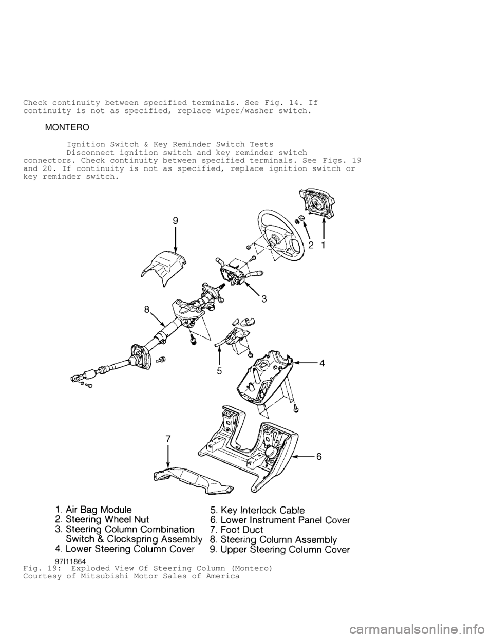 MITSUBISHI MONTERO 1998 Owners Guide Check continuity between specified terminals. See Fig. 14. If
continuity is not as specified, replace wiper/washer switch.
          MONTERO
          Ignition Switch & Key Reminder Switch Tests
     