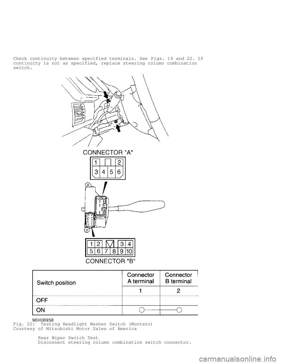 MITSUBISHI MONTERO 1998  Service Manual Check continuity between specified terminals. See Figs. 19 and 22. If
continuity is not as specified, replace steering column combination
switch.
Fig. 22:  Testing Headlight Washer Switch (Montero)
Co