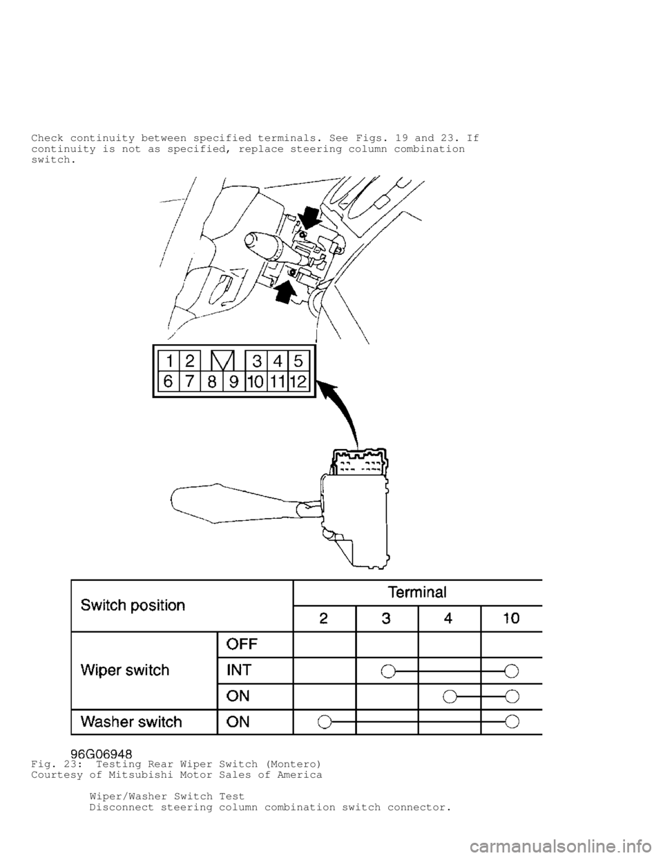 MITSUBISHI MONTERO 1998  Service Manual Check continuity between specified terminals. See Figs. 19 and 23. If
continuity is not as specified, replace steering column combination
switch.
Fig. 23:  Testing Rear Wiper Switch (Montero)
Courtesy