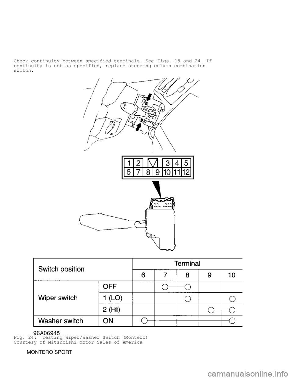 MITSUBISHI MONTERO 1998  Service Manual Check continuity between specified terminals. See Figs. 19 and 24. If
continuity is not as specified, replace steering column combination
switch.
Fig. 24:  Testing Wiper/Washer Switch (Montero)
Courte