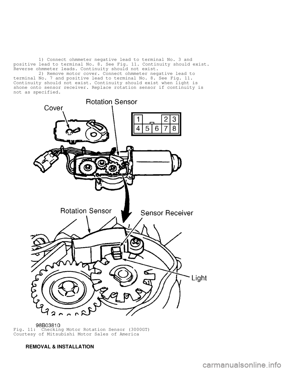 MITSUBISHI MONTERO 1998 Service Manual 1) Connect ohmmeter negative lead to terminal No. 3 and
positive lead to terminal No. 8. See Fig. 11. Continuity should exist.
Reverse ohmmeter leads. Continuity should not exist.
2) MITSUBISHI MONTERO 1998 Service Manual 1) Connect ohmmeter negative lead to terminal No. 3 and
positive lead to terminal No. 8. See Fig. 11. Continuity should exist.
Reverse ohmmeter leads. Continuity should not exist.
2)