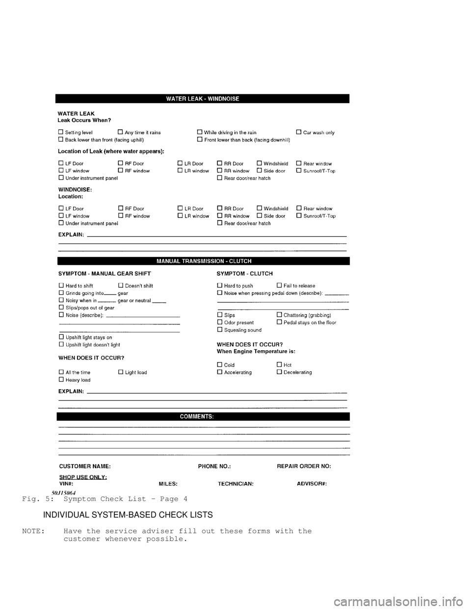 MITSUBISHI MONTERO 1998 Service Manual Fig. 5: Symptom Check List - Page 4
INDIVIDUAL SYSTEM-BASED CHECK LISTS
NOTE: Have the service adviser fill out these forms with the
customer whenever possible. MITSUBISHI MONTERO 1998 Service Manual Fig. 5: Symptom Check List - Page 4
INDIVIDUAL SYSTEM-BASED CHECK LISTS
NOTE: Have the service adviser fill out these forms with the
customer whenever possible.
